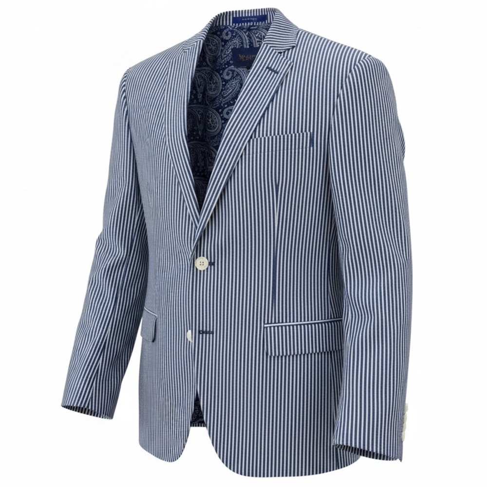 Tallia Blue & White Striped Paisley Satin Lined Mens Sport Coat Blazer Jacket Lg